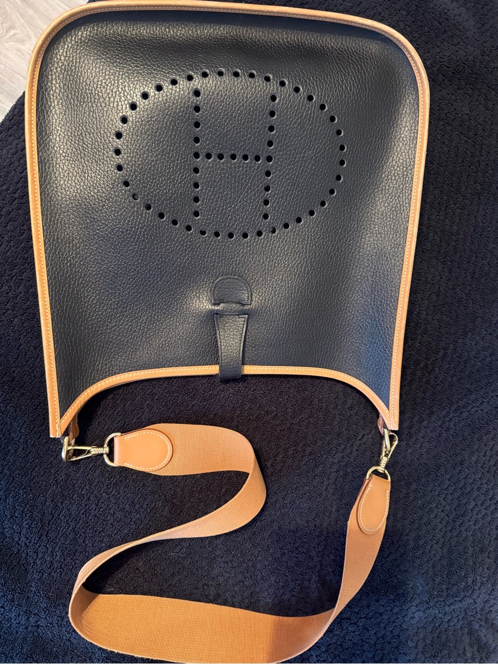 Hermes Black Evelyne Crossbody Bag with Tan Trim